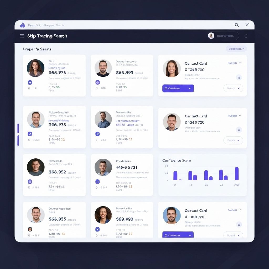 SkipTrace AI Dashboard showing property search results with confidence scores and contact information